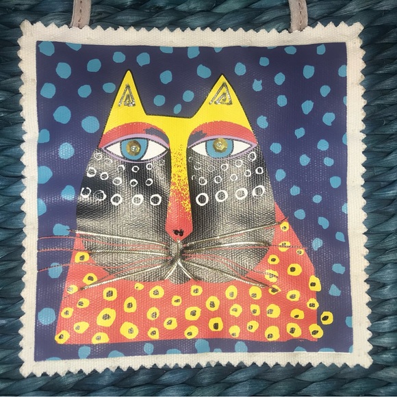 Sun N’ Sand teal turquoise blue basket weaved purse w/Cat art on front BoHo VNTG - Picture 3 of 8